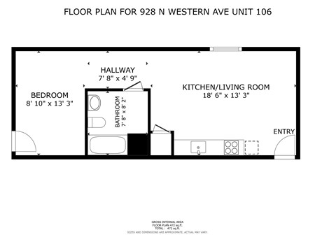 Floor plan for studio, 1 bath, 472 sqft